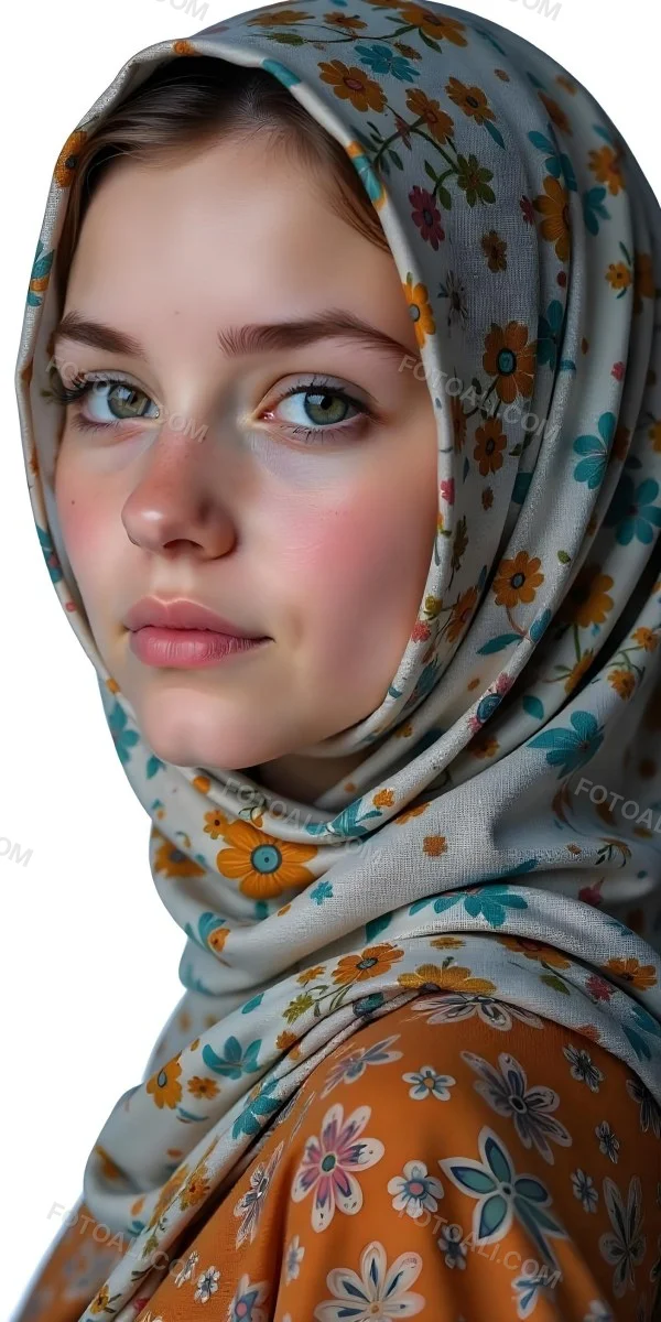 A White Girl With Freckles 21 Years Old Light Brown Hair Wearing A Hijab With Floral Ornaments Light Skin In A White Background 2 F1a7