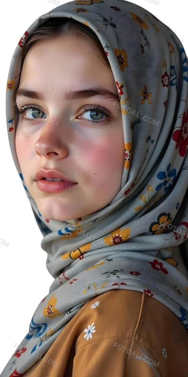 A White Girl With Freckles 21 Years Old Light Brown Hair Wearing A Hijab With Floral Ornaments Light Skin In A White Background 20 8867