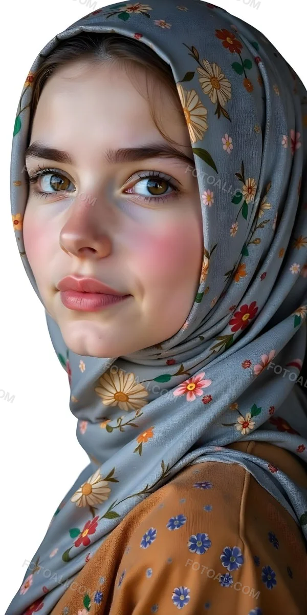 A White Girl With Freckles 21 Years Old Light Brown Hair Wearing A Hijab With Floral Ornaments Light Skin In A White Background 25 3ccd