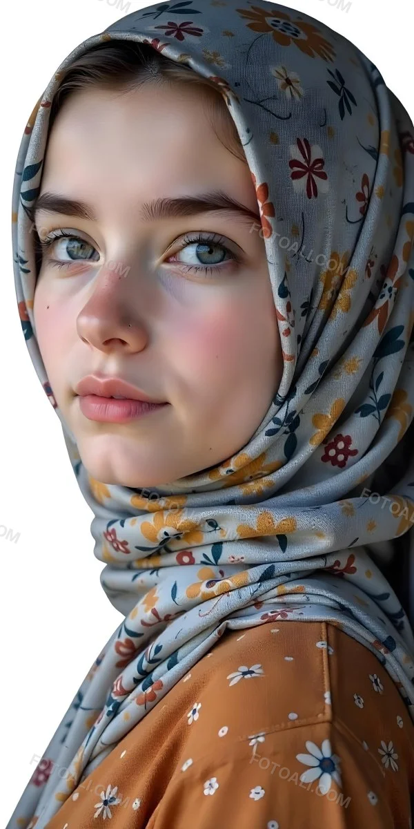 A White Girl With Freckles 21 Years Old Light Brown Hair Wearing A Hijab With Floral Ornaments Light Skin In A White Background 26 3117