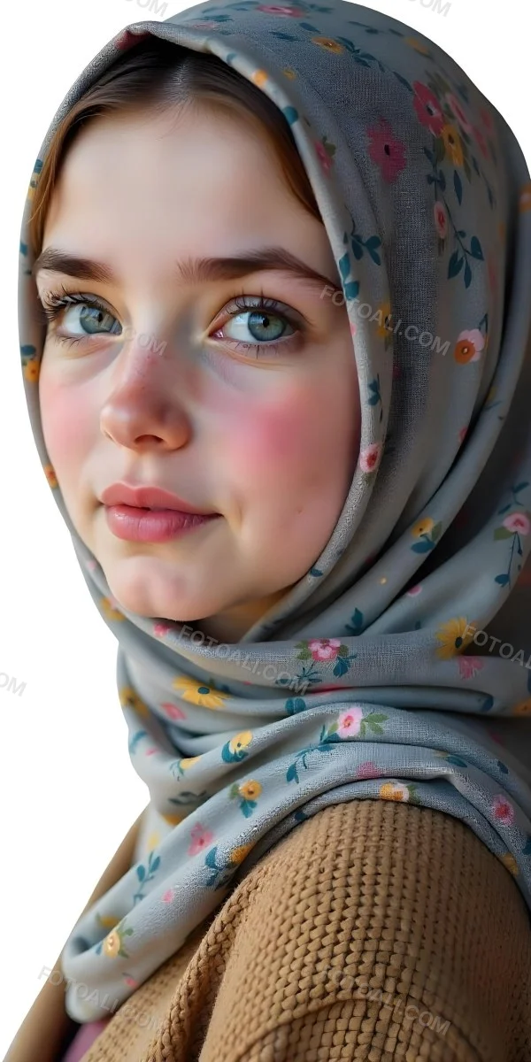 A White Girl With Freckles 21 Years Old Light Brown Hair Wearing A Hijab With Floral Ornaments Light Skin In A White Background 3 F92f