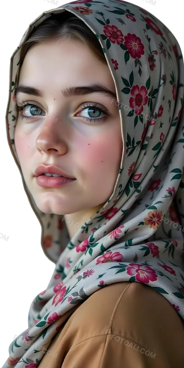 A White Girl With Freckles 21 Years Old Light Brown Hair Wearing A Hijab With Floral Ornaments Light Skin In A White Background 30 D9f3