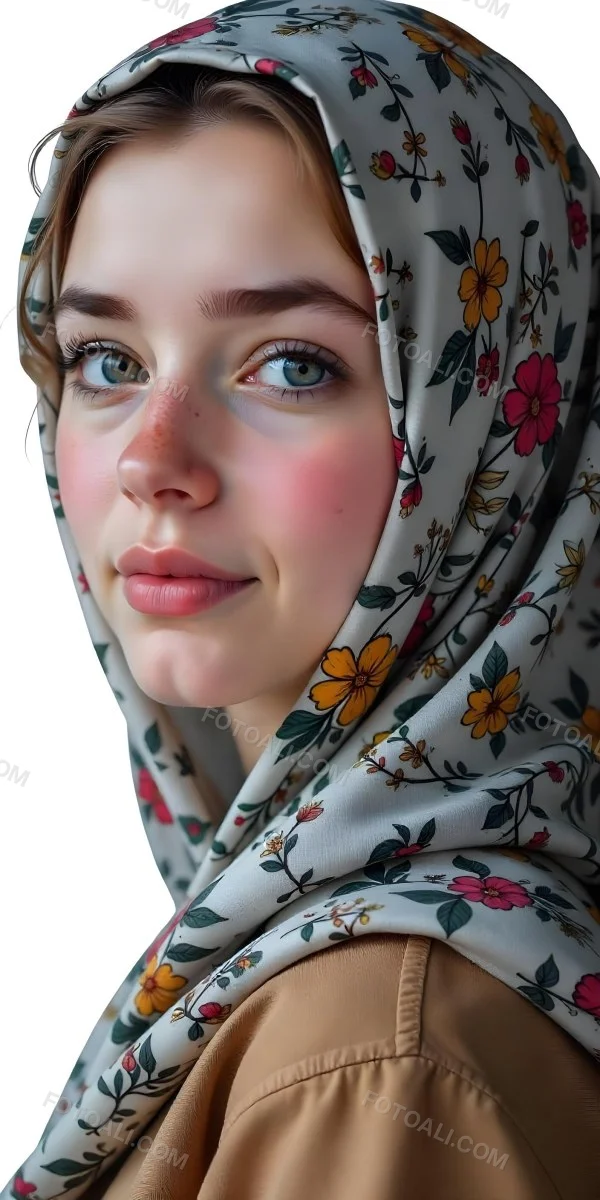A White Girl With Freckles 21 Years Old Light Brown Hair Wearing A Hijab With Floral Ornaments Light Skin In A White Background 4 95a3