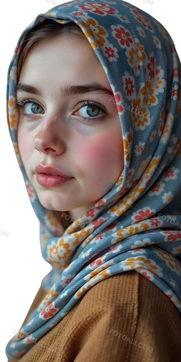 A White Girl With Freckles 21 Years Old Light Brown Hair Wearing A Hijab With Floral Ornaments Light Skin In A White Background 5 3866