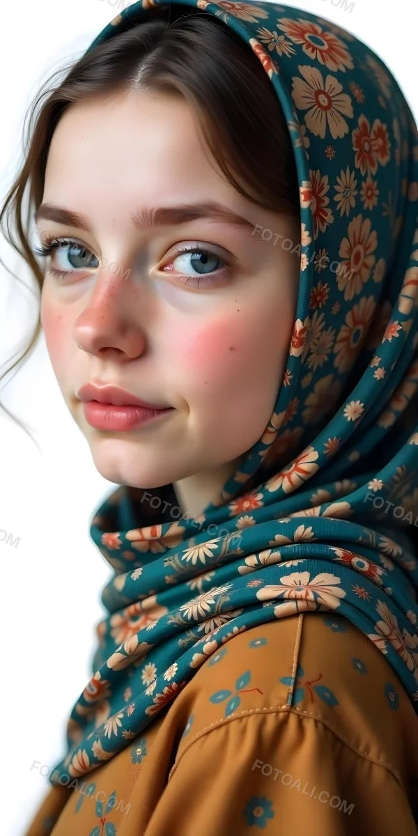 A White Girl With Freckles 21 Years Old Light Brown Hair Wearing A Hijab With Floral Ornaments Light Skin In A White Background 9 5408