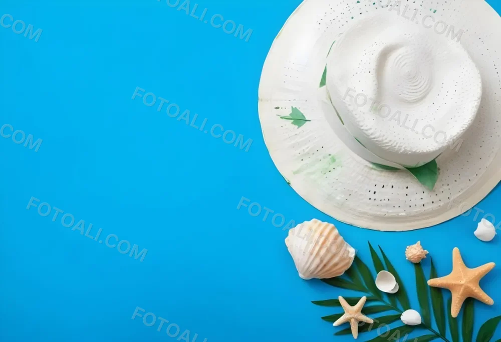 A White Hat A Seashell A Starfish And A Green Leaf On A Green Background 11 Ea93