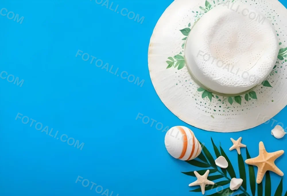 A White Hat A Seashell A Starfish And A Green Leaf On A Green Background 13 7e87