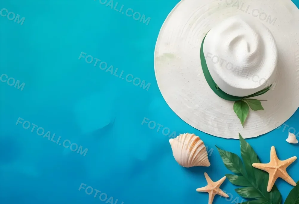 A White Hat A Seashell A Starfish And A Green Leaf On A Green Background 14 799d