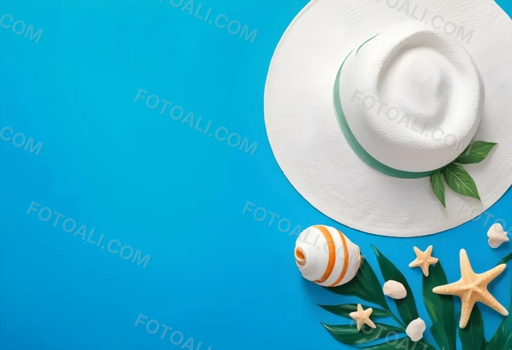 A White Hat A Seashell A Starfish And A Green Leaf On A Green Background 21 9e10