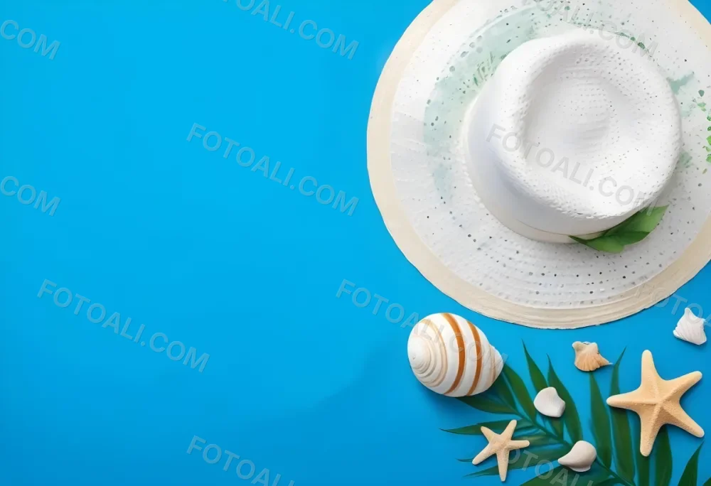 A White Hat A Seashell A Starfish And A Green Leaf On A Green Background 44 1b65