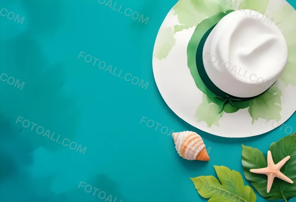 A White Hat A Seashell A Starfish And A Green Leaf On A Green Background 5 502a