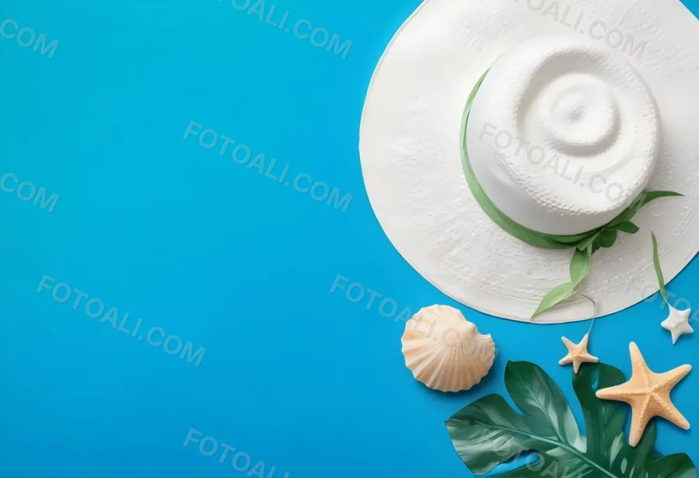 A White Hat A Seashell A Starfish And A Green Leaf On A Green Background 6 731b
