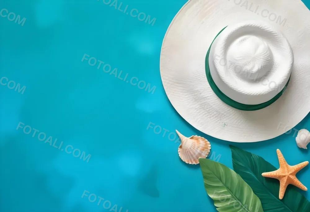 A White Hat A Seashell A Starfish And A Green Leaf On A Green Background 7 4117