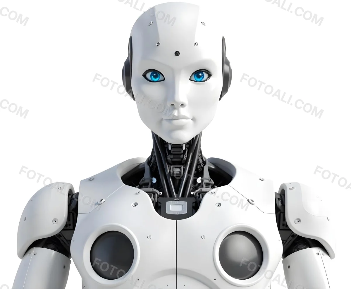 A White Humanoid Robot With Blue Eyes Metallic Details And A Sleek Design Isolated On A White Background 21 F30c