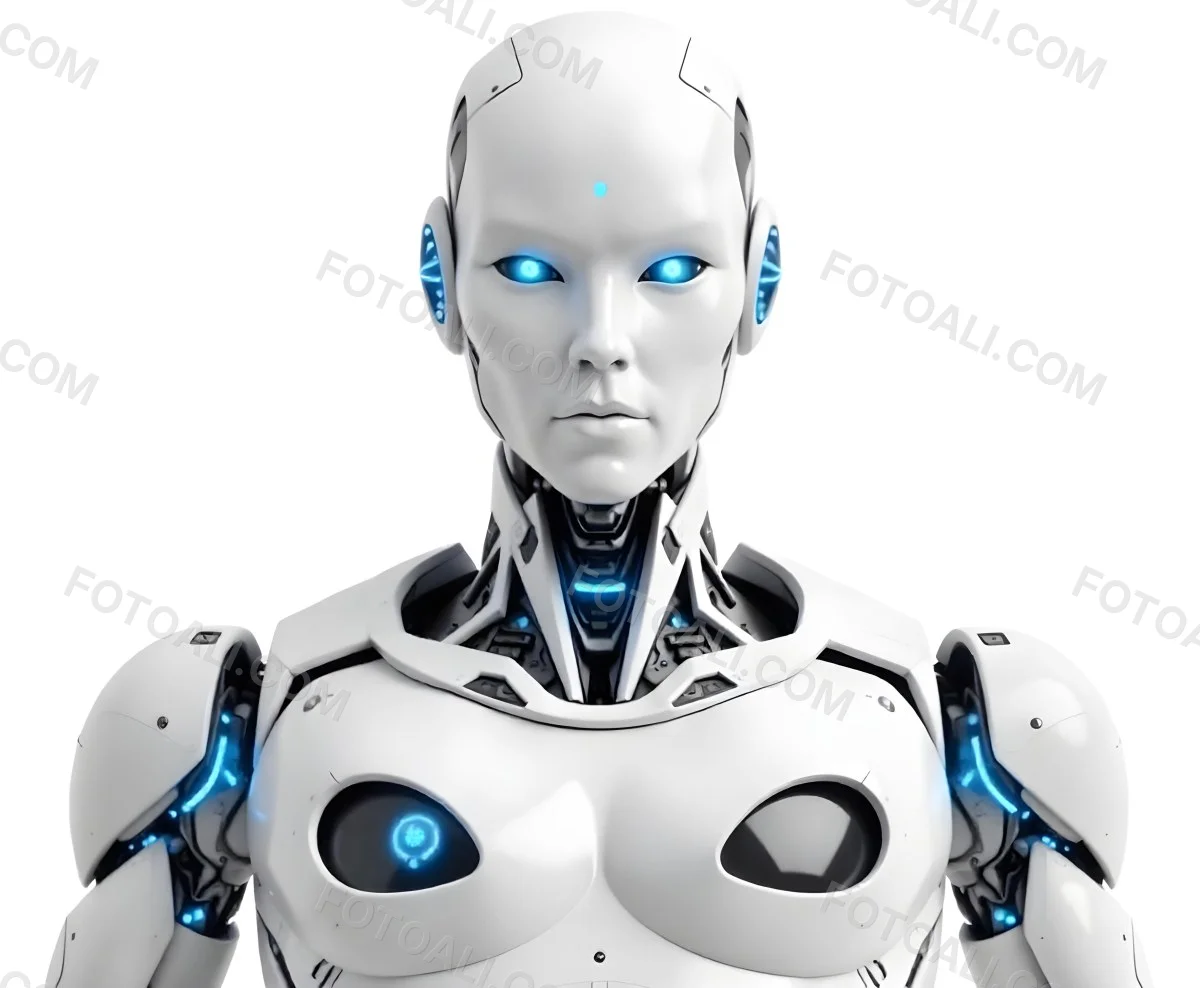 A White Humanoid Robot With Blue Eyes Metallic Details And A Sleek Design Isolated On A White Background 23 F22a