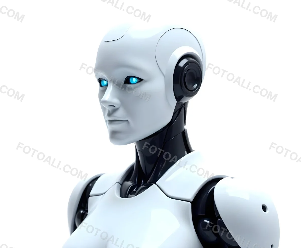 A White Humanoid Robot With Blue Eyes Metallic Details And A Sleek Design Isolated On A White Background 3 D635