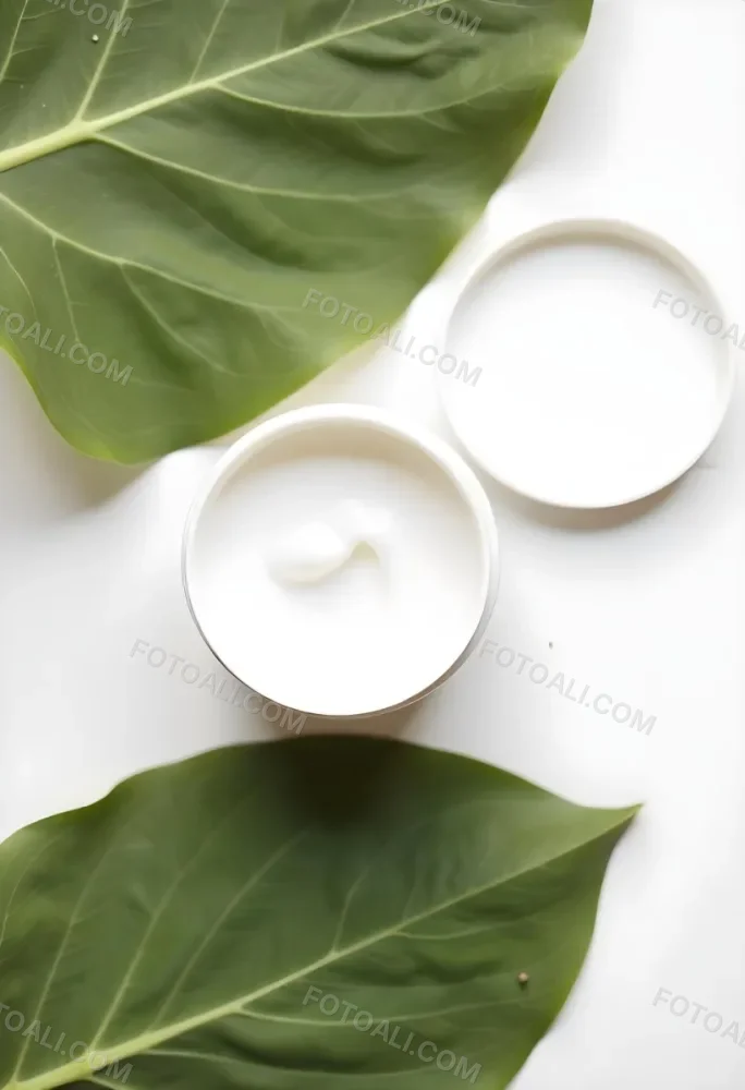 A White Jar With Cream And A Lid Surrounded By Two Green Leaves On A White Surface 139 2d14