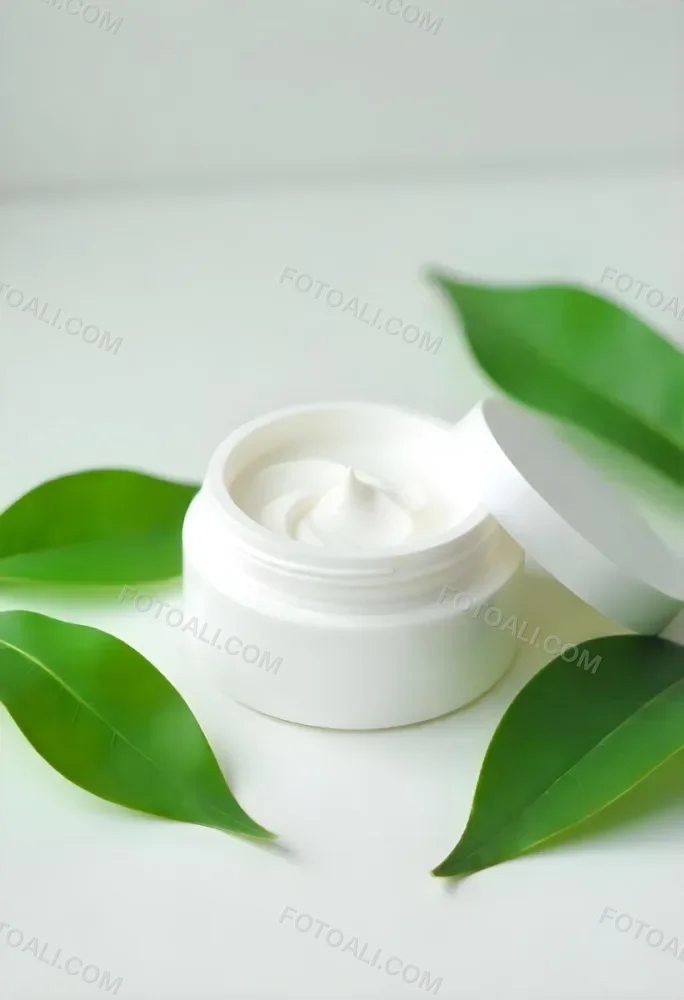 A White Jar With Cream And A Lid Surrounded By Two Green Leaves On A White Surface 154 Cfeb