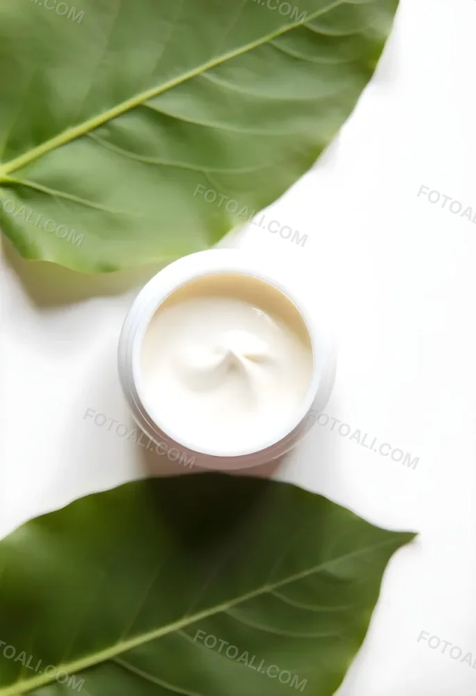 A White Jar With Cream And A Lid Surrounded By Two Green Leaves On A White Surface 35 F3fa
