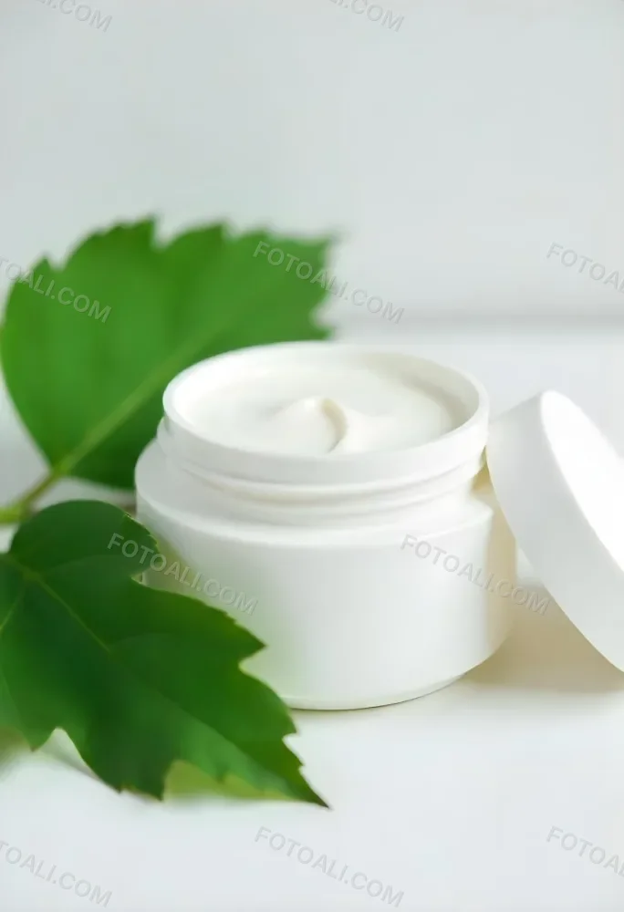 A White Jar With Cream And A Lid Surrounded By Two Green Leaves On A White Surface 83 Cf47