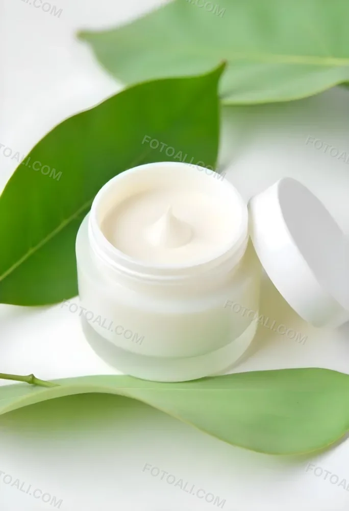 A White Jar With Cream And A Lid Surrounded By Two Green Leaves On A White Surface 89 6c54