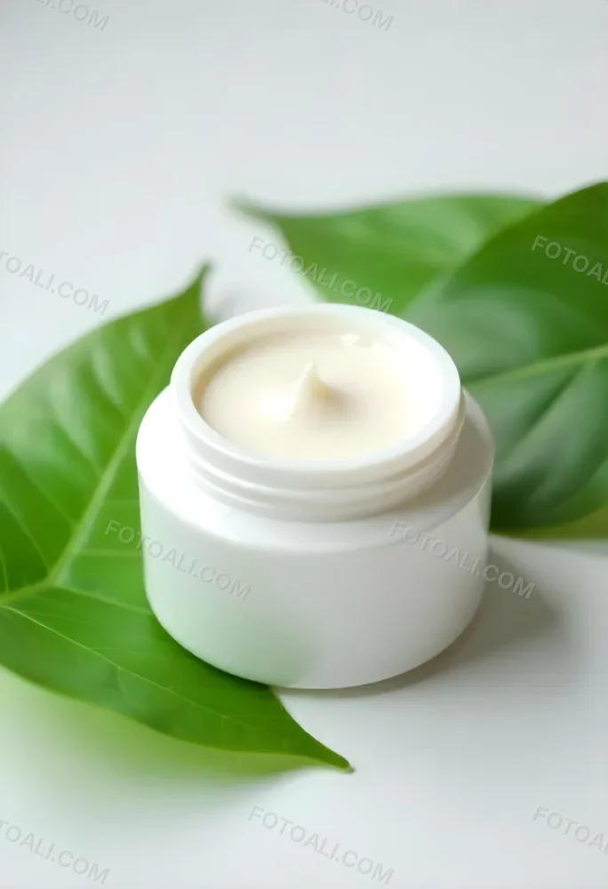 A White Jar With Cream And A Lid Surrounded By Two Green Leaves On A White Surface 97 Ed74