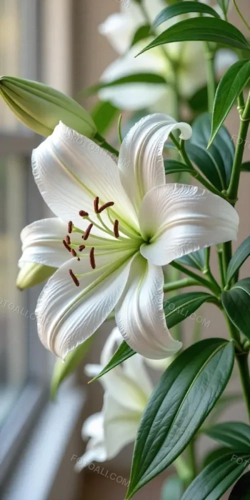 A White Lily Flower With Green Leaves Close Up Shot Pistils And Stamens Visible Soft Lighting Against A Blurred Background Elegant And Pure Nature Photography 1 C2cc