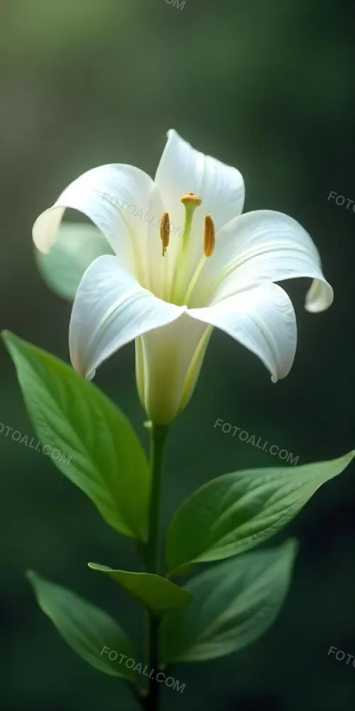 A White Lily Flower With Green Leaves Close Up Shot Pistils And Stamens Visible Soft Lighting Against A Blurred Background Elegant And Pure Nature Photography 2 Ded2