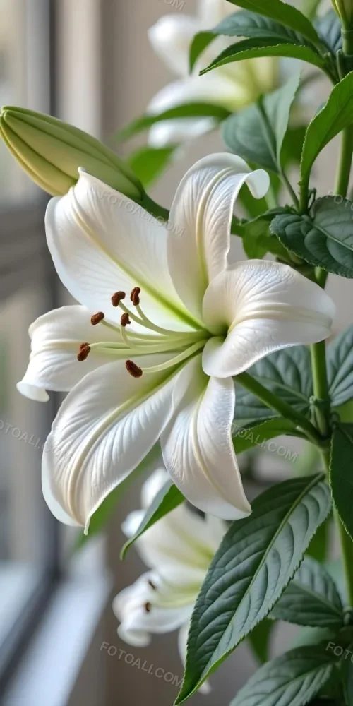 A White Lily Flower With Green Leaves Close Up Shot Pistils And Stamens Visible Soft Lighting Against A Blurred Background Elegant And Pure Nature Photography 20 8eac