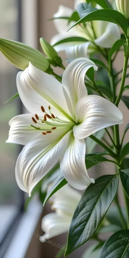 A White Lily Flower With Green Leaves Close Up Shot Pistils And Stamens Visible Soft Lighting Against A Blurred Background Elegant And Pure Nature Photography 23 460c