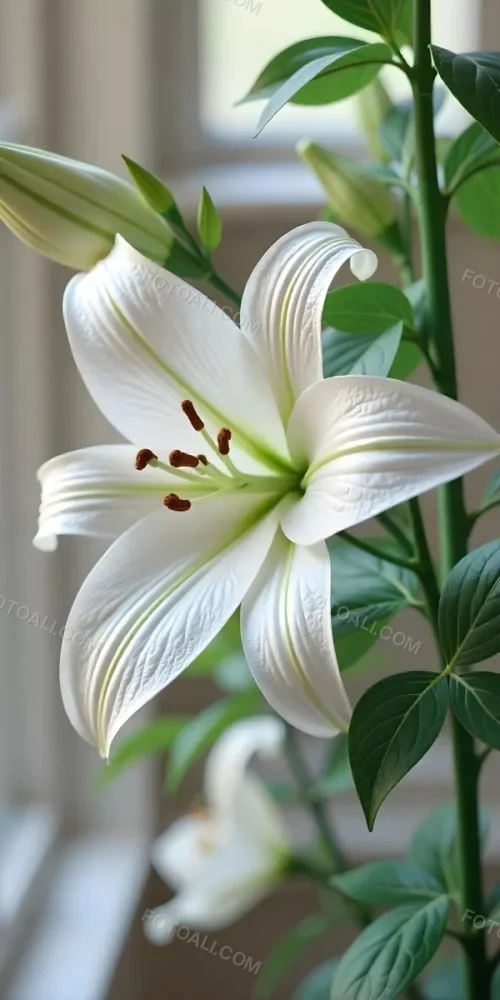 A White Lily Flower With Green Leaves Close Up Shot Pistils And Stamens Visible Soft Lighting Against A Blurred Background Elegant And Pure Nature Photography 24 B326