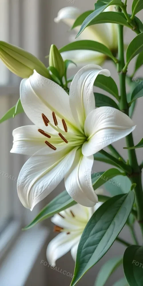 A White Lily Flower With Green Leaves Close Up Shot Pistils And Stamens Visible Soft Lighting Against A Blurred Background Elegant And Pure Nature Photography 32 2b3d