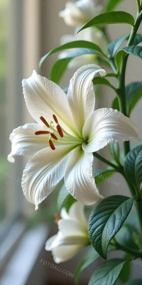 A White Lily Flower With Green Leaves Close Up Shot Pistils And Stamens Visible Soft Lighting Against A Blurred Background Elegant And Pure Nature Photography 33 7666