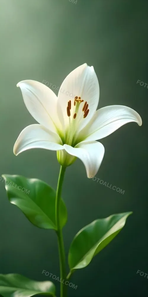 A White Lily Flower With Green Leaves Close Up Shot Pistils And Stamens Visible Soft Lighting Against A Blurred Background Elegant And Pure Nature Photography 36 B79a