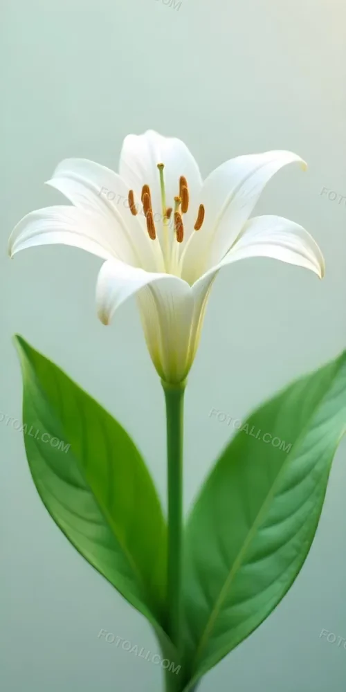 A White Lily Flower With Green Leaves Close Up Shot Pistils And Stamens Visible Soft Lighting Against A Blurred Background Elegant And Pure Nature Photography 39 3018