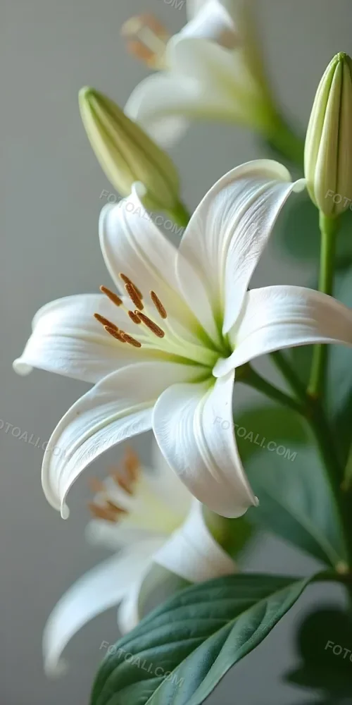 A White Lily Flower With Green Leaves Close Up Shot Pistils And Stamens Visible Soft Lighting Against A Blurred Background Elegant And Pure Nature Photography 6 E6b8