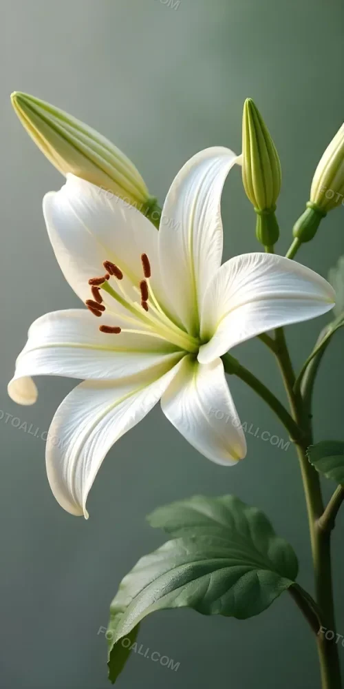 A White Lily Flower With Green Leaves Close Up Shot Pistils And Stamens Visible Soft Lighting Against A Blurred Background Elegant And Pure Nature Photography 7 0696