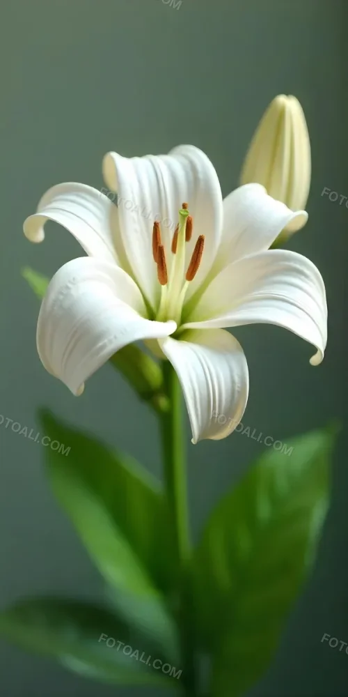 A White Lily Flower With Green Leaves Close Up Shot Pistils And Stamens Visible Soft Lighting Against A Blurred Background Elegant And Pure Nature Photography 8 Db19