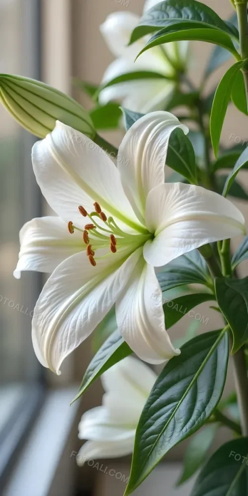 A White Lily Flower With Green Leaves Close Up Shot Pistils And Stamens Visible Soft Lighting Against A Blurred Background Elegant And Pure Nature Photography 9 E6e4