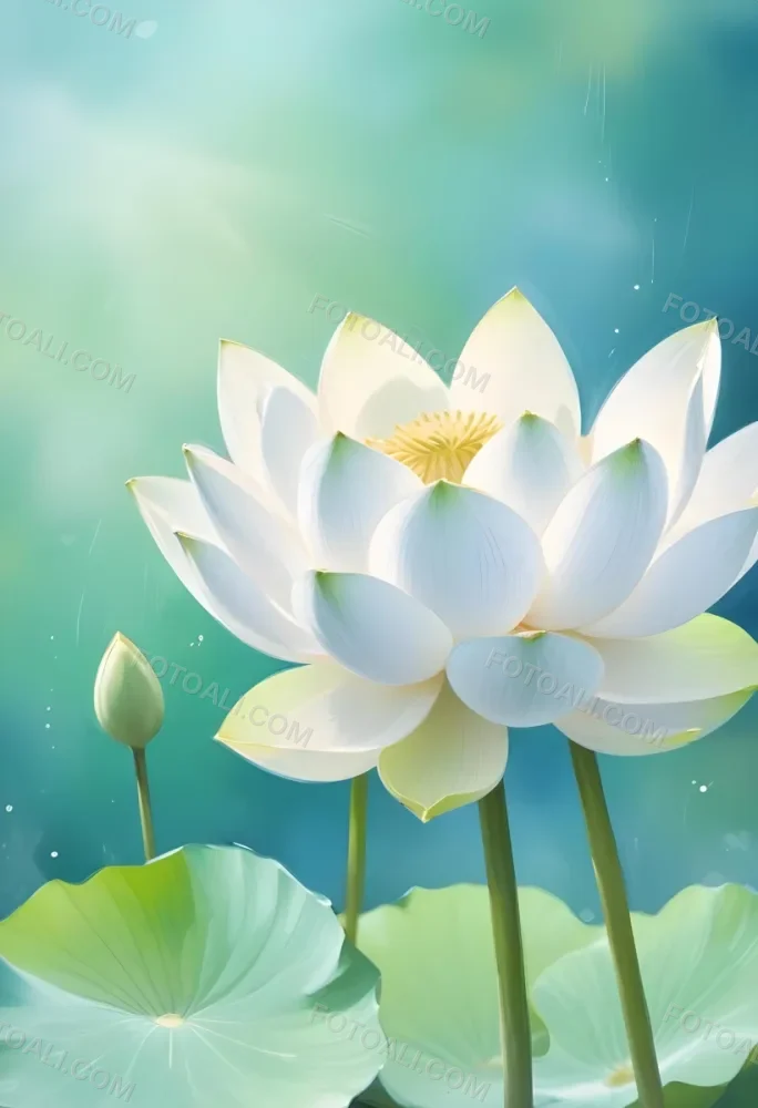 A White Lotus Flower With A Blue Center And A White Leaf In The Bottom Left Corner Green Background With Green Bokeh 18 7287