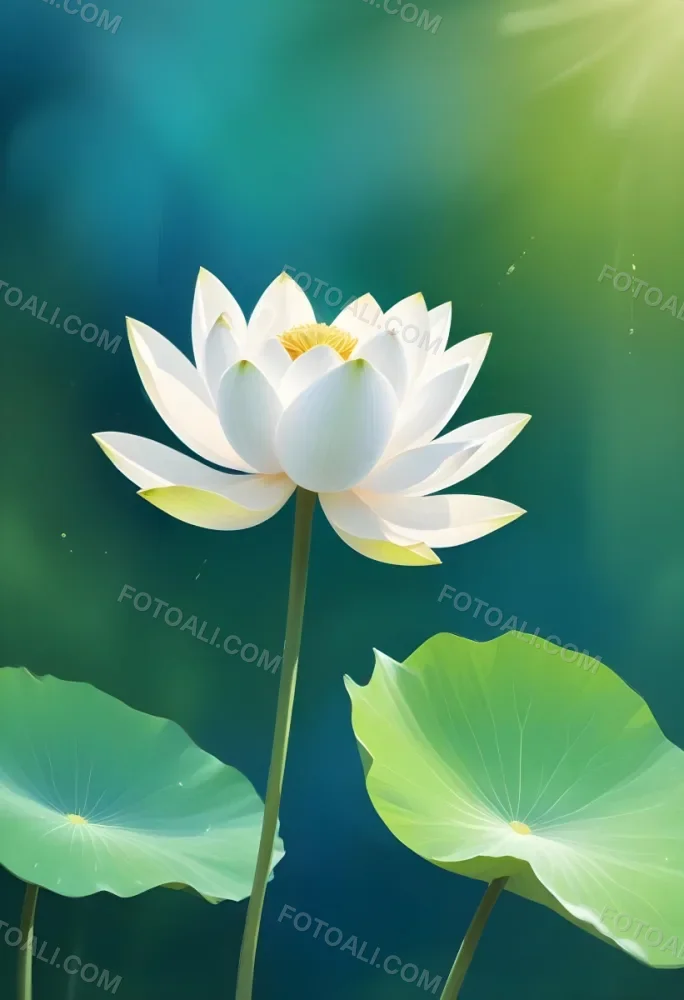 A White Lotus Flower With A Blue Center And A White Leaf In The Bottom Left Corner Green Background With Green Bokeh 9 38db