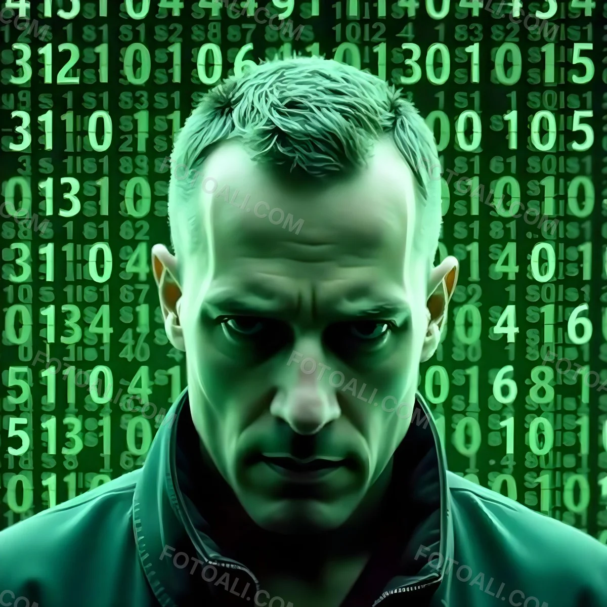 A White Man 35 Years Old With Short Dark Hair A Brain With Green Matrix Code Index Finger On The Head Matrix Code Background 11 B263