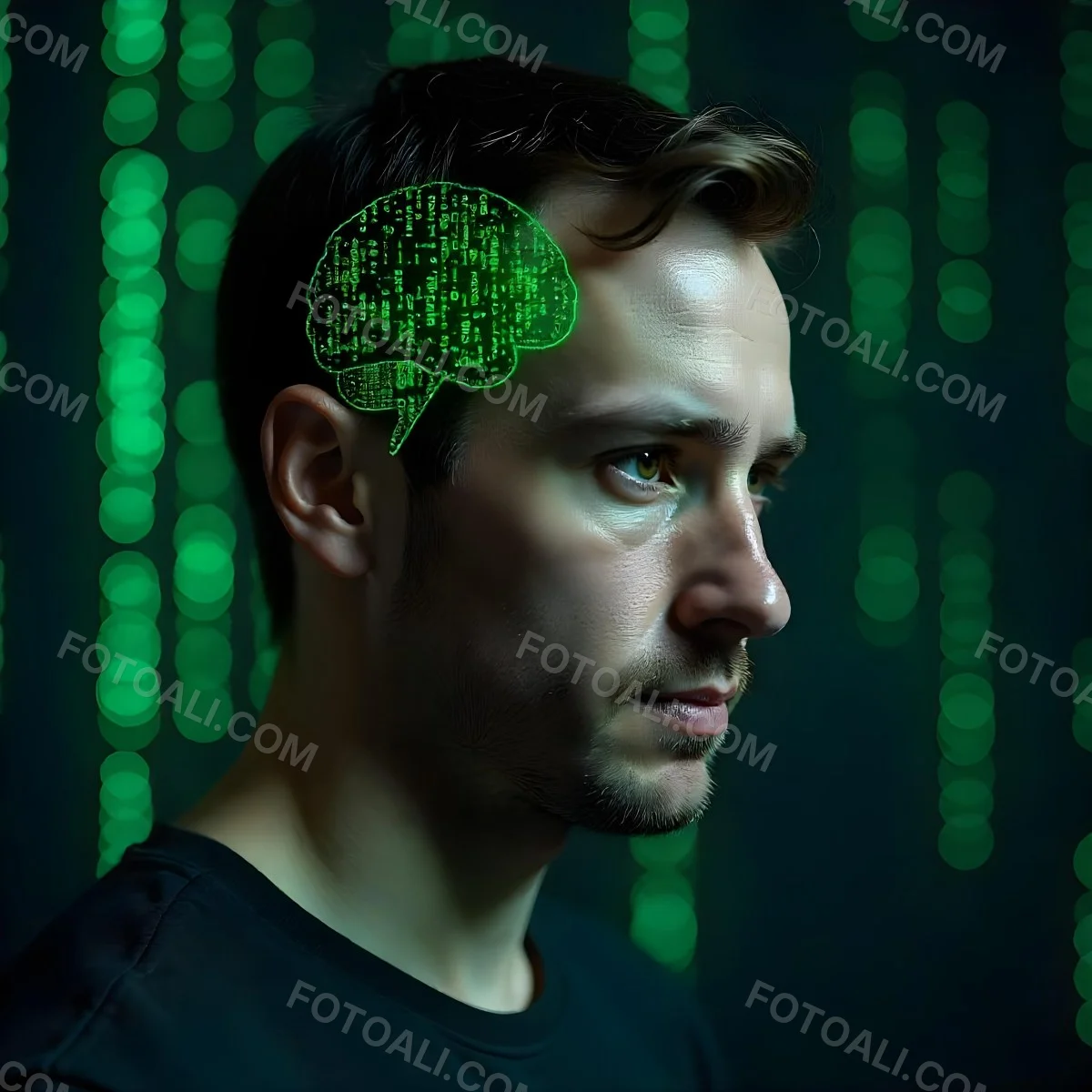 A White Man 35 Years Old With Short Dark Hair A Brain With Green Matrix Code Index Finger On The Head Matrix Code Background 13 Caa9