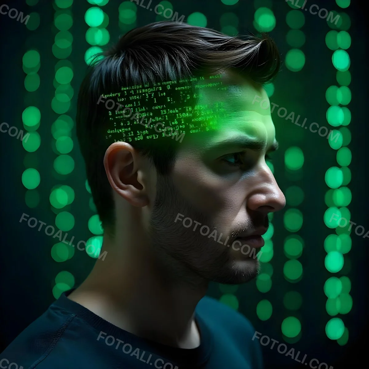 A White Man 35 Years Old With Short Dark Hair A Brain With Green Matrix Code Index Finger On The Head Matrix Code Background 14 4a14