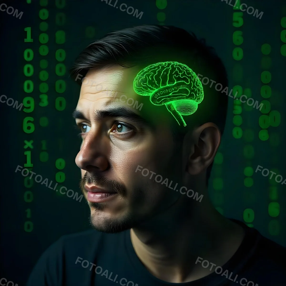 A White Man 35 Years Old With Short Dark Hair A Brain With Green Matrix Code Index Finger On The Head Matrix Code Background 15 9a8f