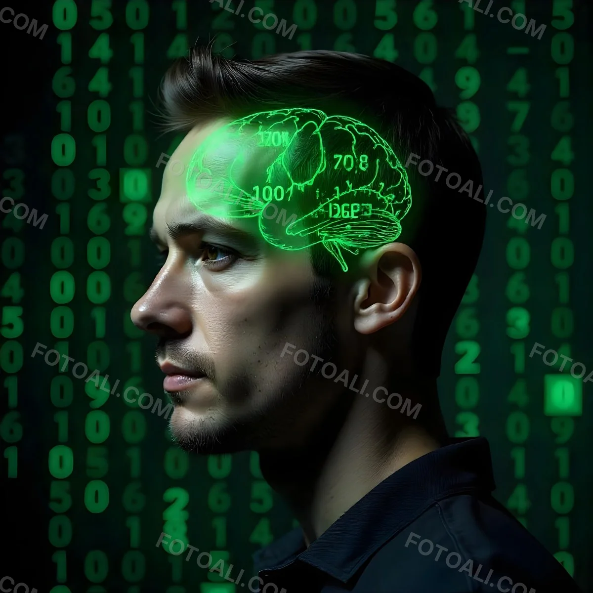 A White Man 35 Years Old With Short Dark Hair A Brain With Green Matrix Code Index Finger On The Head Matrix Code Background 16 A462