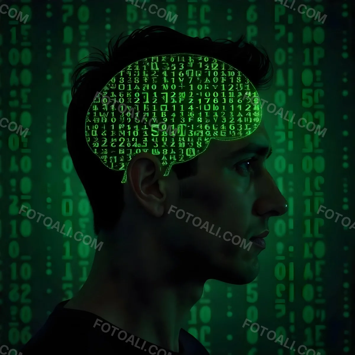 A White Man 35 Years Old With Short Dark Hair A Brain With Green Matrix Code Index Finger On The Head Matrix Code Background 17 4654