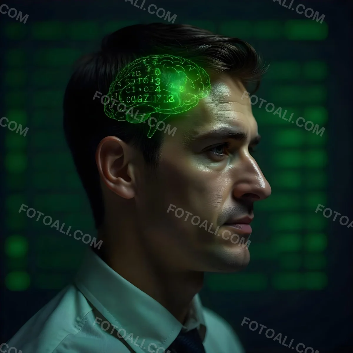 A White Man 35 Years Old With Short Dark Hair A Brain With Green Matrix Code Index Finger On The Head Matrix Code Background 18 2129