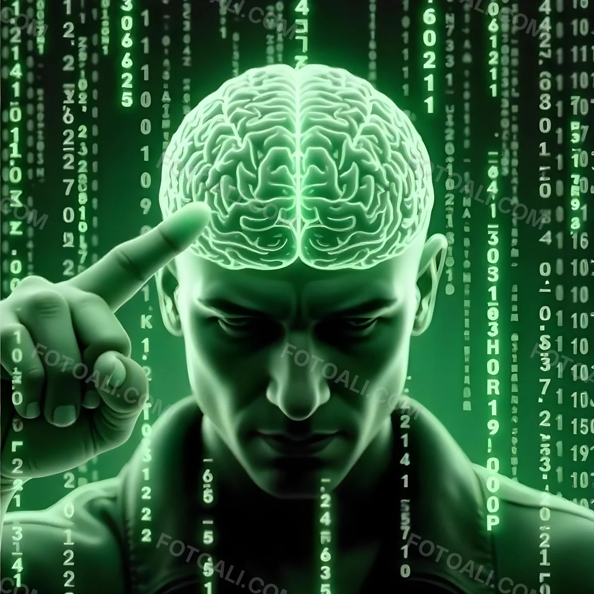 A White Man 35 Years Old With Short Dark Hair A Brain With Green Matrix Code Index Finger On The Head Matrix Code Background 2 2092