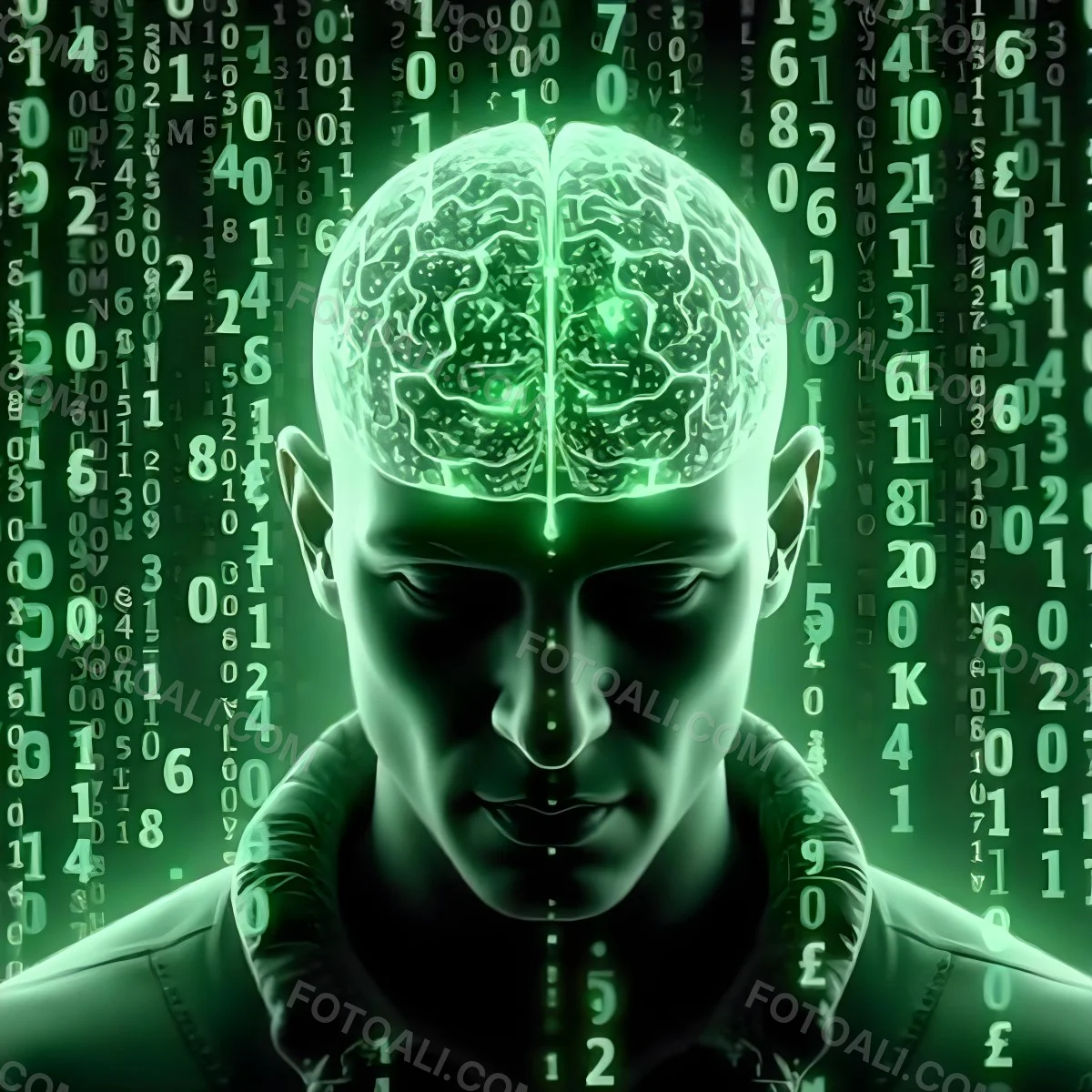 A White Man 35 Years Old With Short Dark Hair A Brain With Green Matrix Code Index Finger On The Head Matrix Code Background 3 Cedc